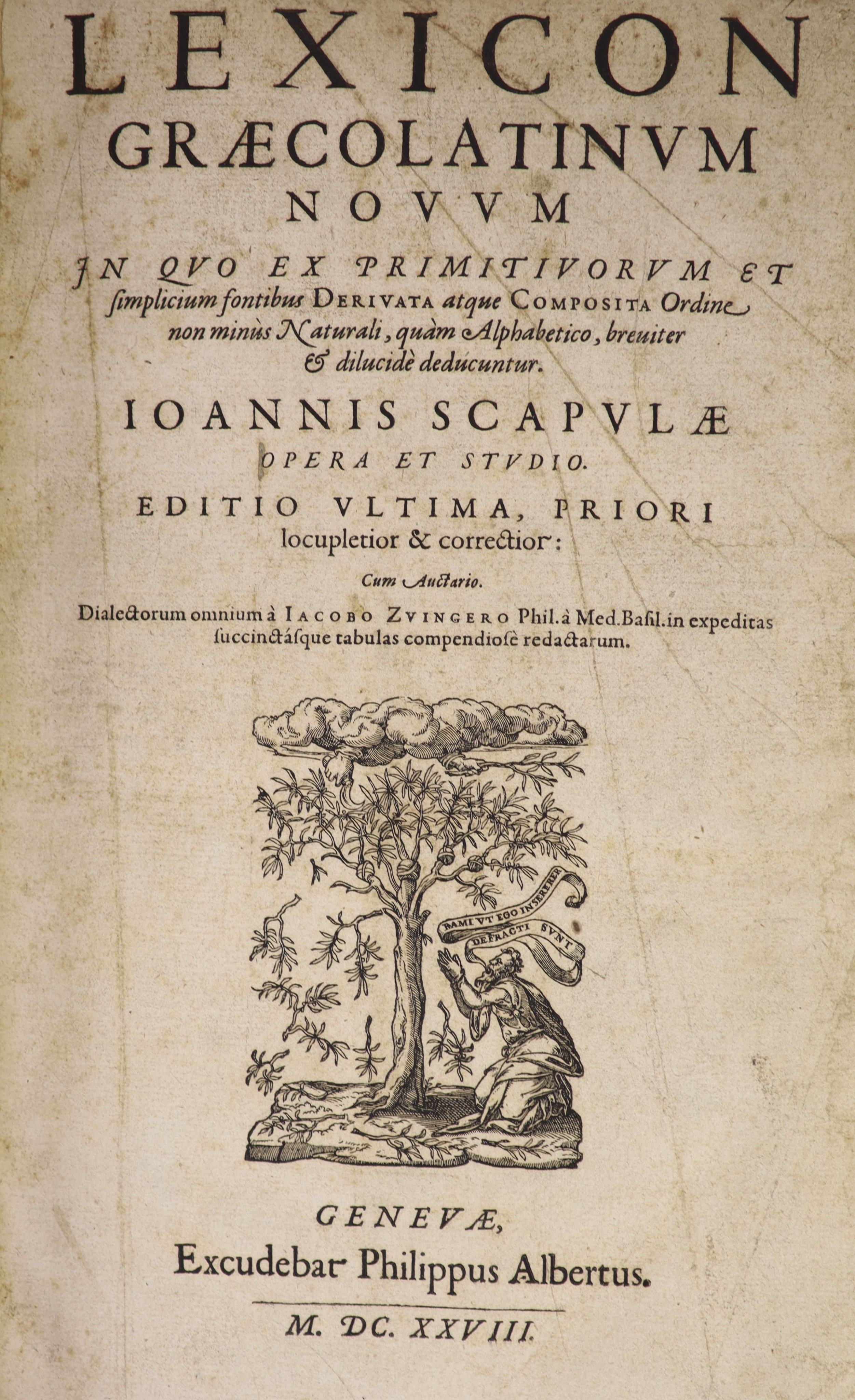 Scapula, Johann - Lexicon Graecolatinum Novum ... engraved title device; old half calf & marbled boards, gilt-panelled spine and marbled e/ps., thick roy. 4to. Geneva, 1628